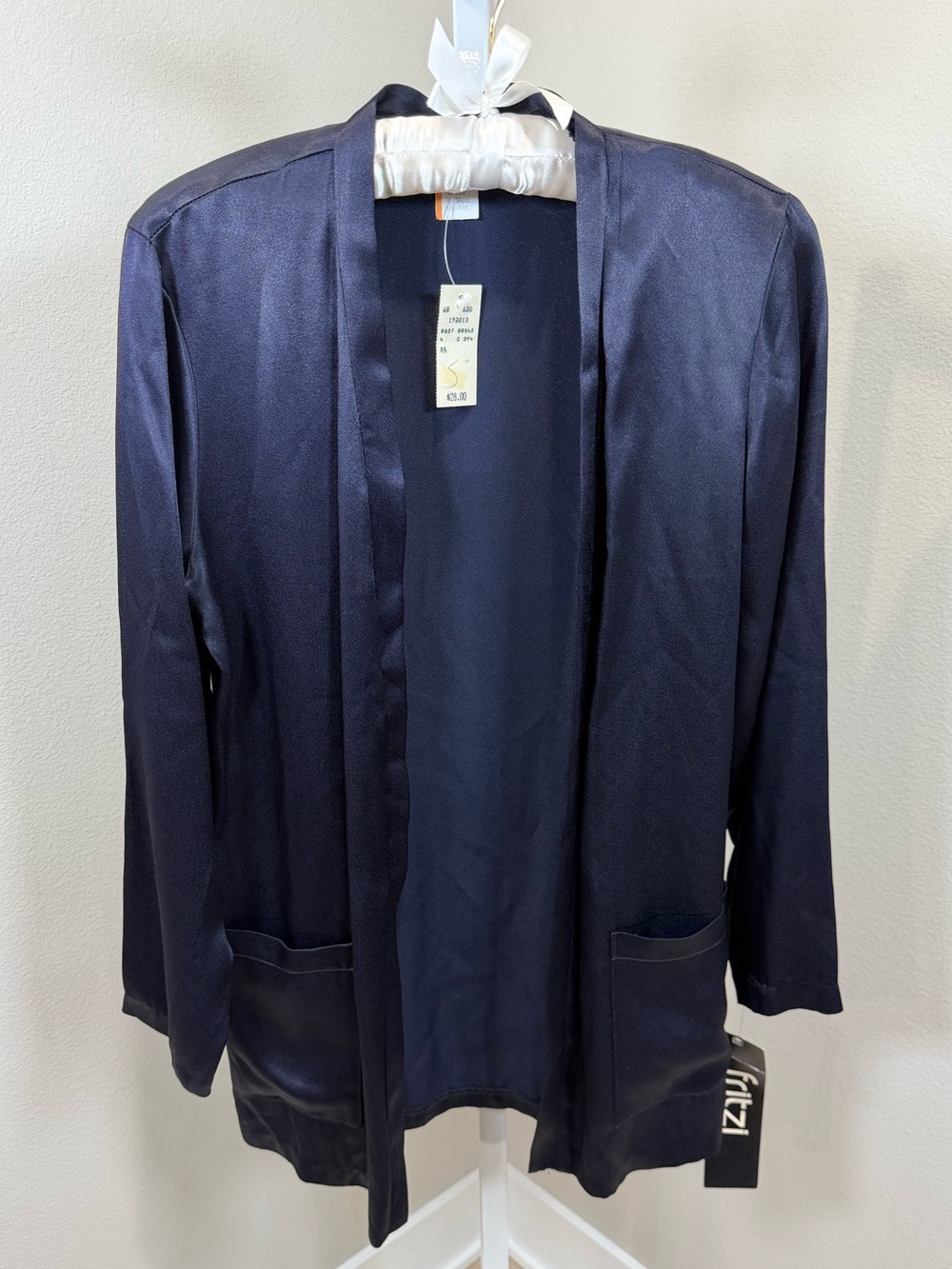 Deadstock Vintage Fritzi Navy Blue Satin Cardigan Jacket / Blazer Size Small
